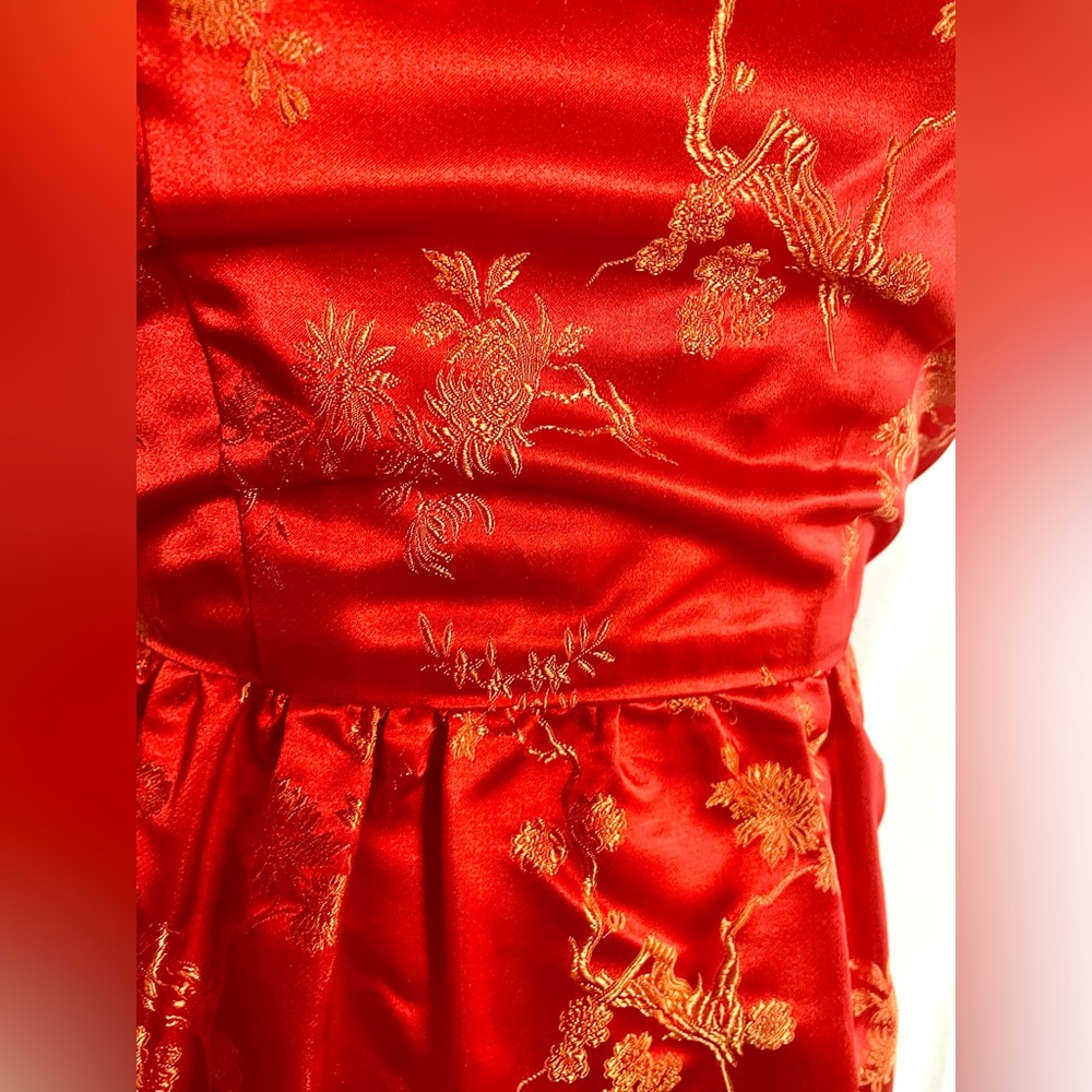 Red & Gold Chinese brocade silky 2-piece pencil dress & cropped jacket size XS - Picture 5 of 16